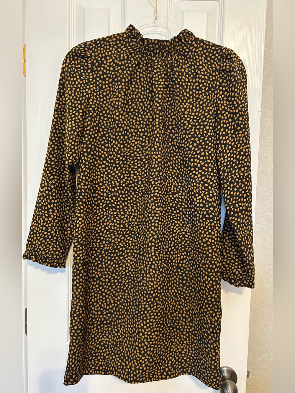 J. Crew Black Ruffle-neck Shift Dress with Dot Print — Long Sleeve